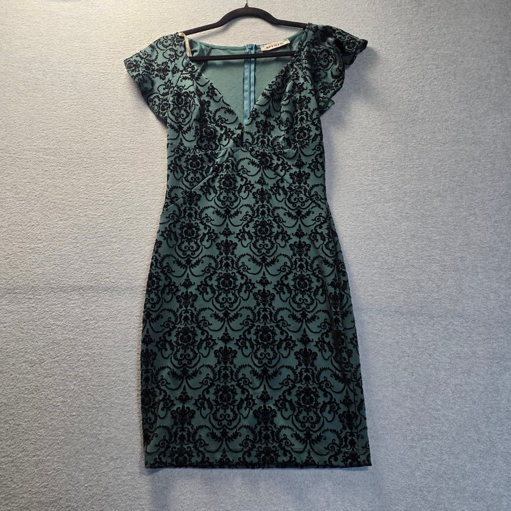 Mystic Sheath Dress Womens S Green Black Damask Flocked Cap Sleeve Gothic Fitted